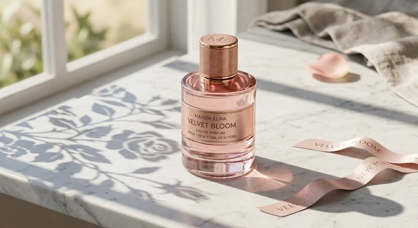 A bottle of Maison Elira Velvet Bloom perfume sits on a sunlit marble surface, surrounded by delicate shadows of flowers and leaves. Nearby, a pink ribbon with "Velvet Bloom" and "New York" printed on it adds a touch of elegance.